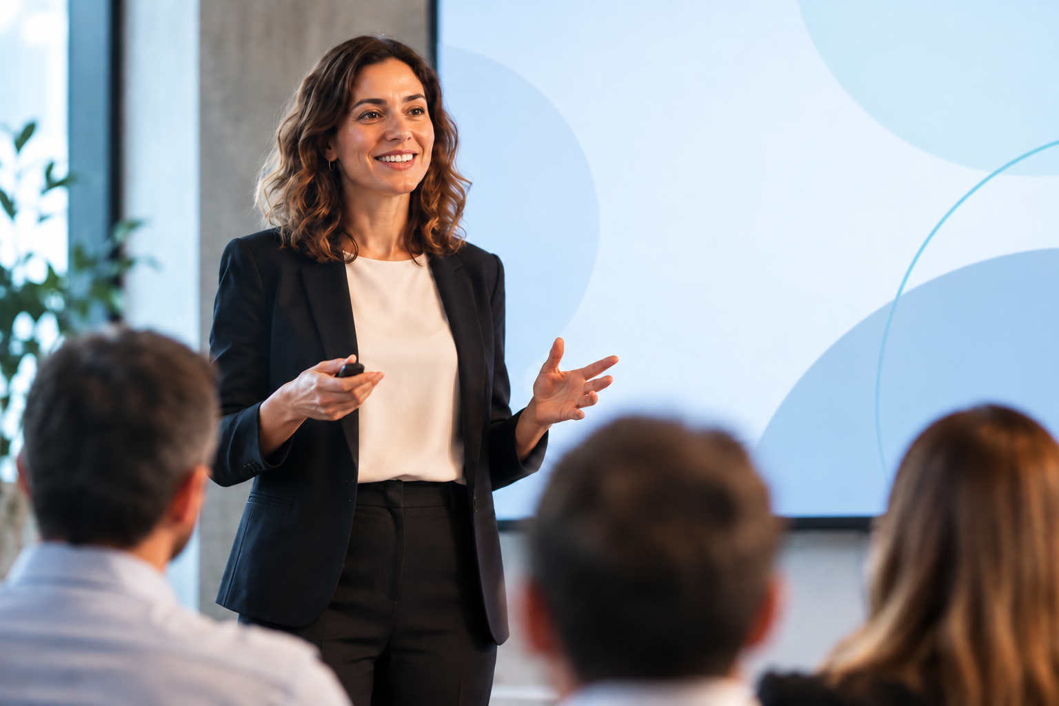 Profesional realizando una presentación para entrenar su capacidad de presentar con impacto ante una audiencia
